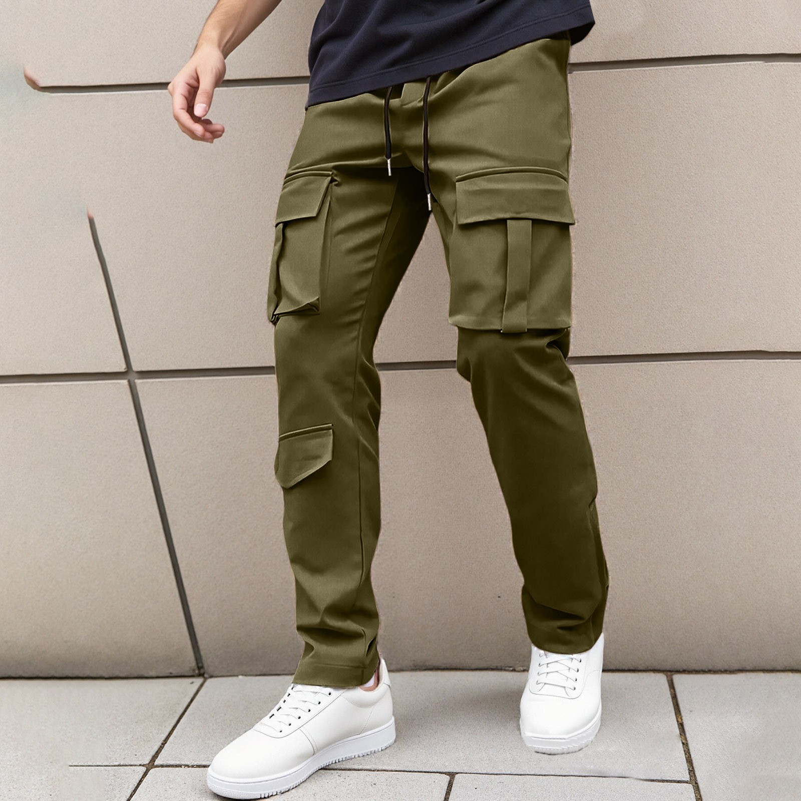 thumbnail image 2 of Pantalones cargo de color liso con cordón ajustable para hombre: pierna recta, poliéster-spandex, cintura elástica, bolsillos, corte ajustado para el trabajo y el uso informal, tallas S-XXL, 2 of 5